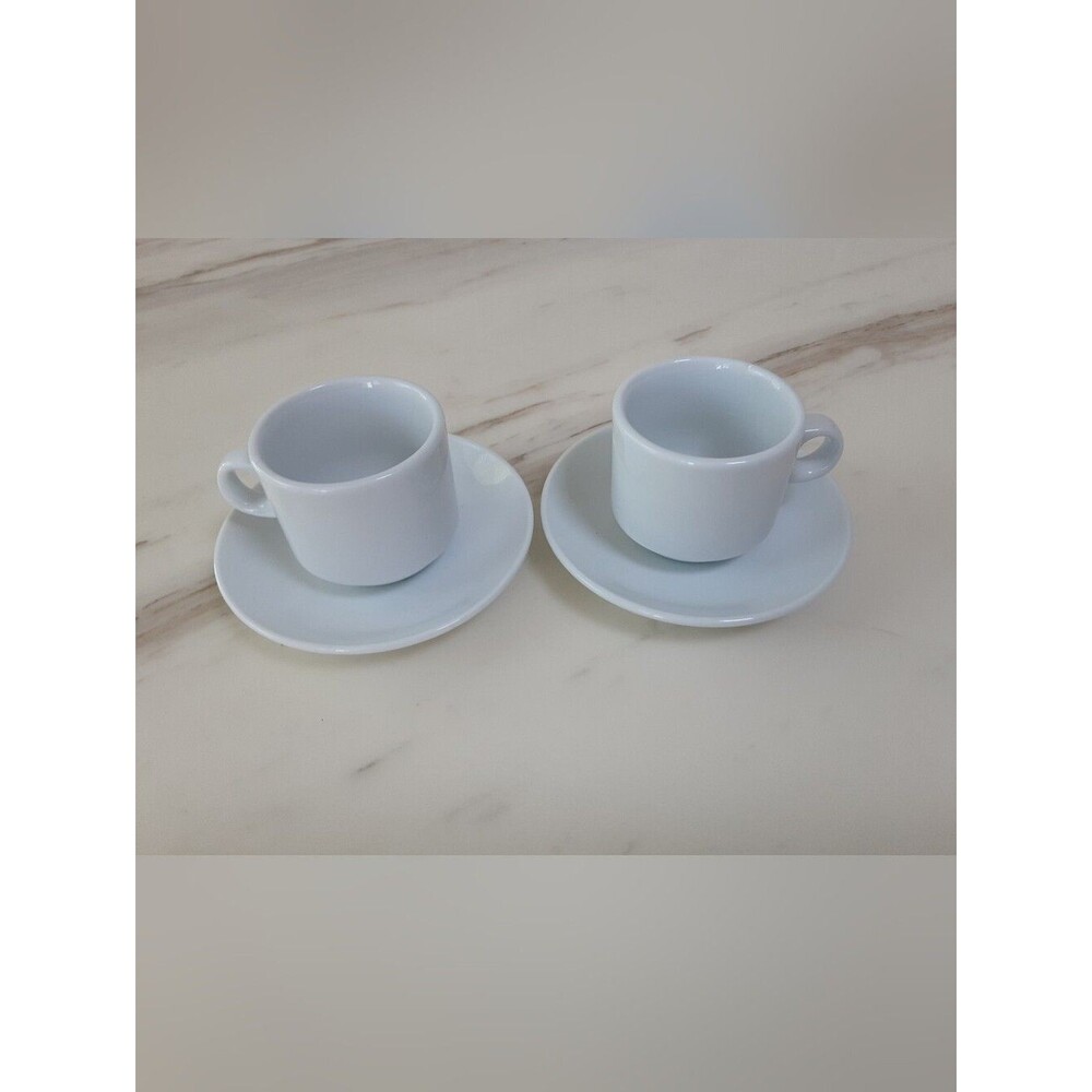 Set of 2 White Porcelain Demitasse Espresso Cups with Saucers